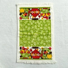 Vintage Sayco MCM Mod Teapot Fruit Bowl Floral Print Fringe Trim Kitchen Towel