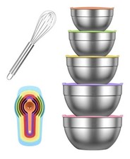 Mixing Bowl Set, 5 PCs Stainless Steel With Lid, 6 PCs Measuring Spoon & 1 Whisk