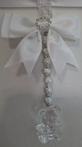 *new*white inisex pram charm with Clear  Beads With white Bow With teddy 