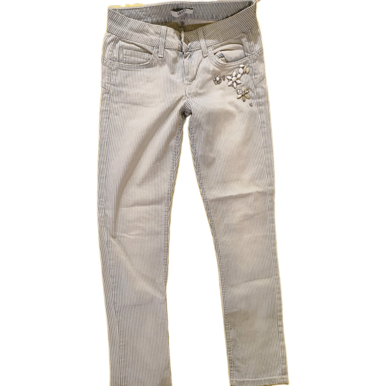 Liu Jo Jeans Donna Skinny Slim A Righe Bianco/Blu Strass Floreale Taglia 31