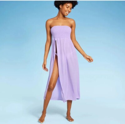 Wild Fable Women's XS Cover Up Dress Smocked High Slit Convertible Purple New