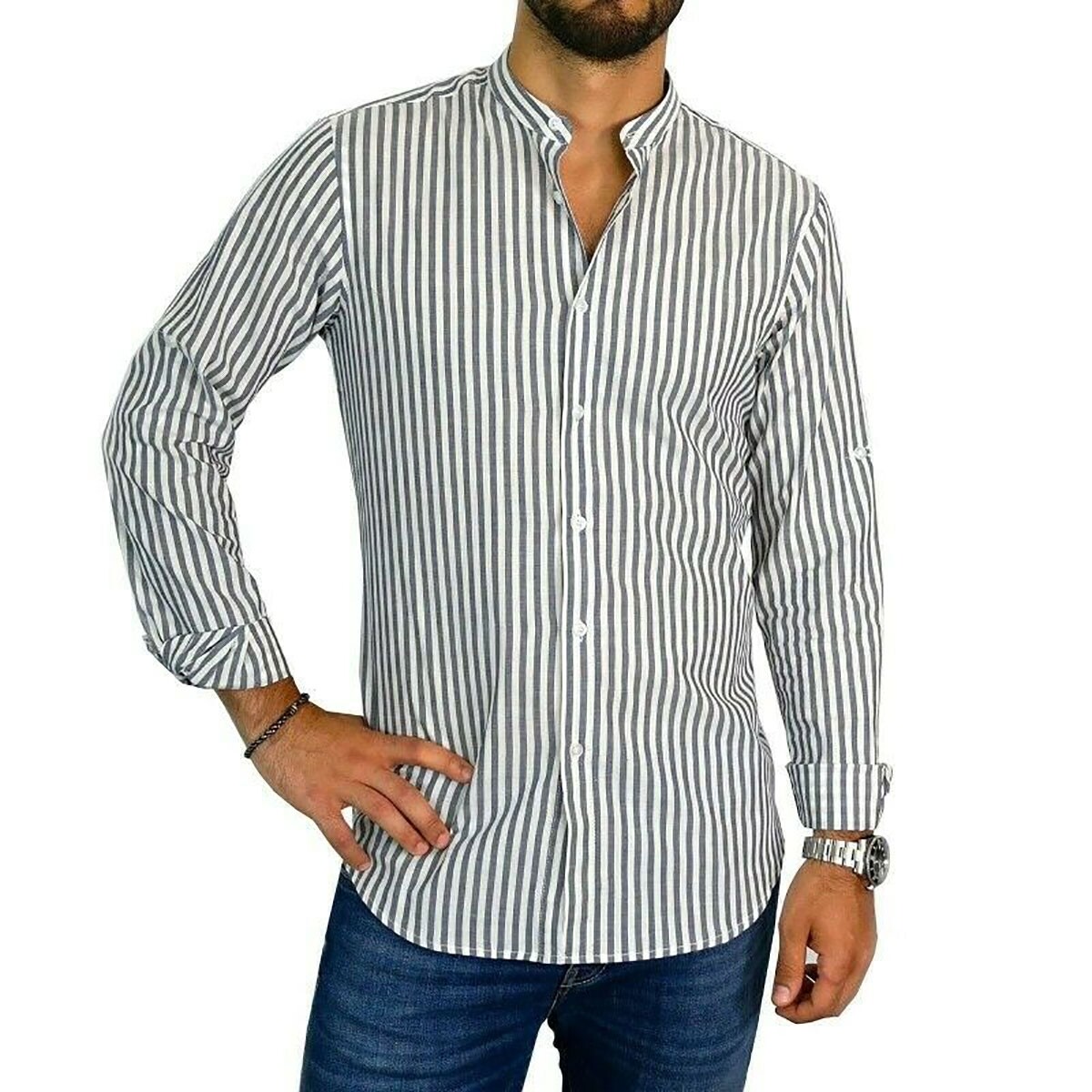 Jeans Camicia Coreana A Righe Uomo Camicia Uomo Collo Coreana