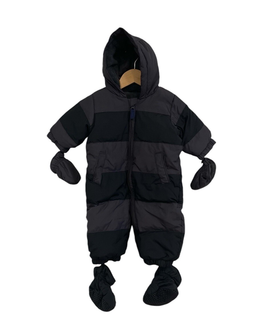 Baby Gap Down Snowsuit Size 0-6 Months Gray Striped Mitts Booties Coat