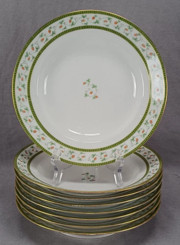 Set of 8 William Guerin Limoges Strawberry Vine Green & Gold Deep Plates