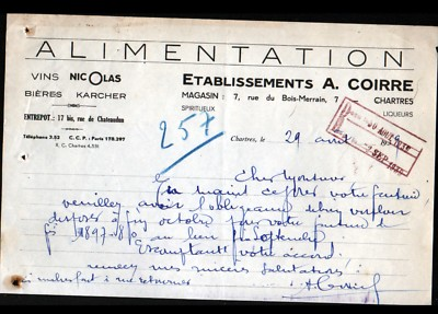 #ad CHARTRES 28 EPICERIE amp; ALCOOLS VINS Nicolas BIERES Karcher quot;A. COIRREquot; 1939 EUR 20.00