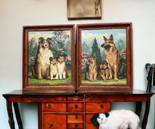 Vintage Set Of Two Paint By Numbers Framed Wall Art Collie  German Shepherd