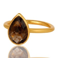 Pear Shape Smoky Quartz Stackable Ring 925 Silver Gold Plated Gemstone Ring