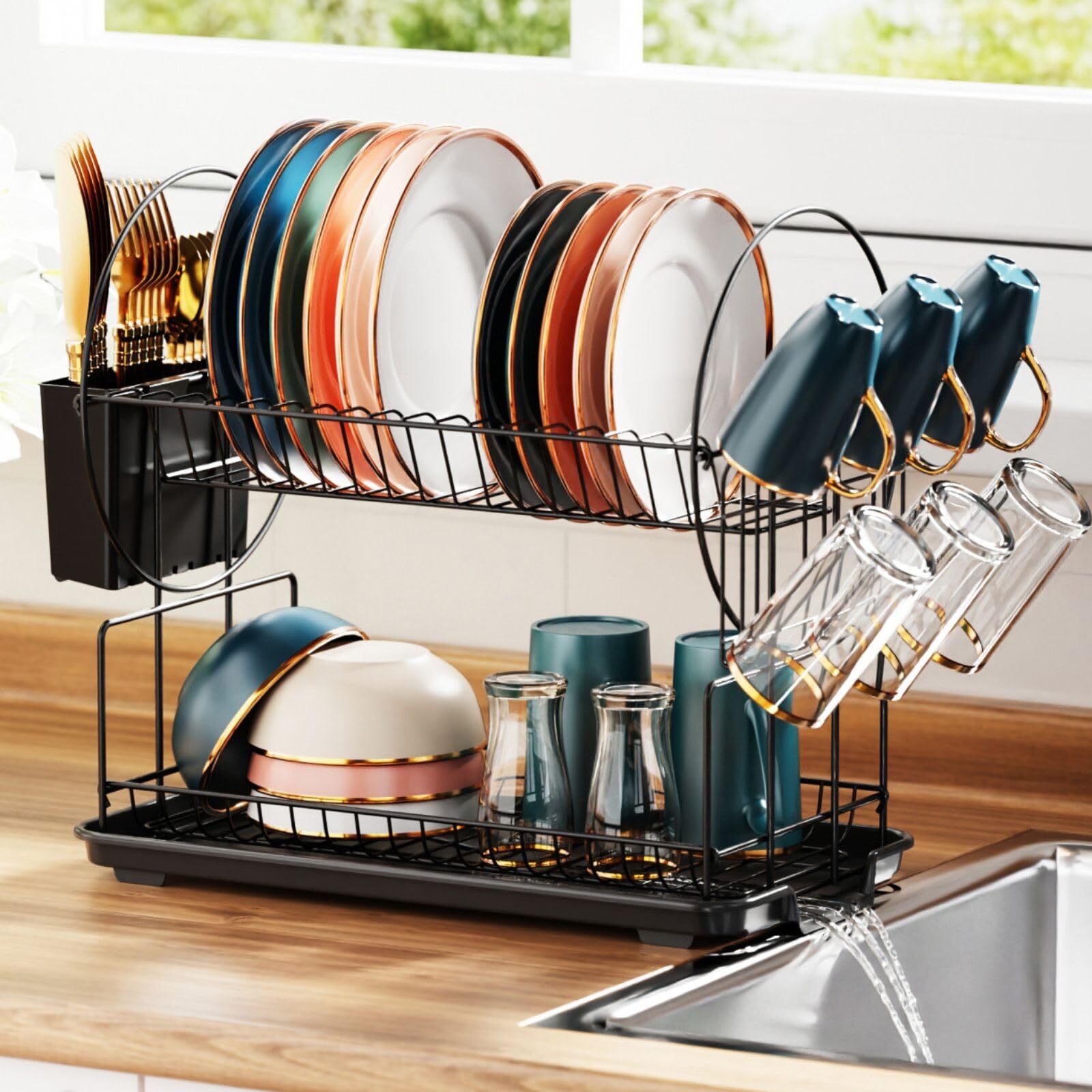 Dish Drying Rack 2 Tier Small Dish Racks For Kitchen Counter With Drainboard Ute-image