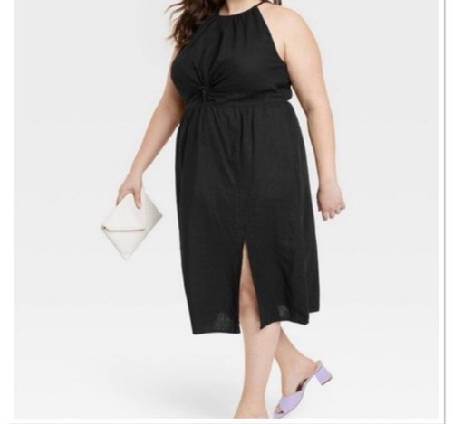 Damen Neckholder A-Linie Leinen Kleid - Ava & Viv Schwarz XXL - Bild 2 von 6
