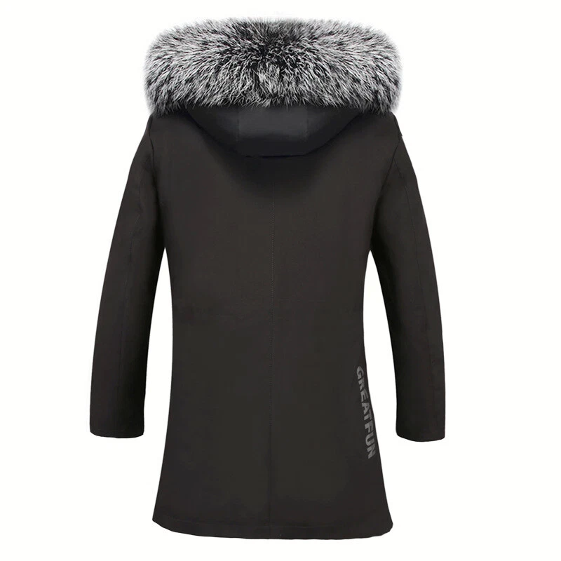 Mens Hooded Real Rabbit Fur Lined Mid Long Coat Parka Raccoon Fox Fur Collar New - Image 3 of 4