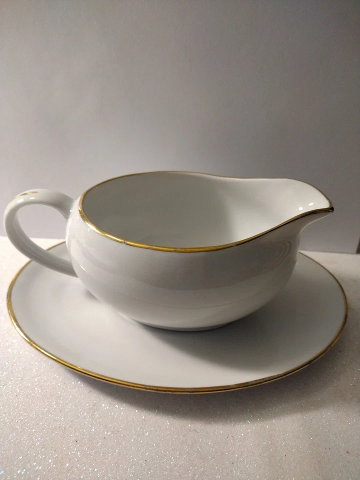 Holidays Kitchen Porcelain Gravy Boat Goldline with Under Plate Pier 1 Great  - Image 3 of 4