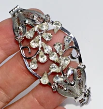 Sterling Silver Bangle Hinged Bracelet Rhinestone Filigree Ornate Safety Clasp