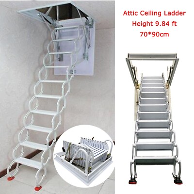 White Attic Ceiling Ladder 9.84 ft Folding Ladder Pull Down from Ceiling 70*90cm