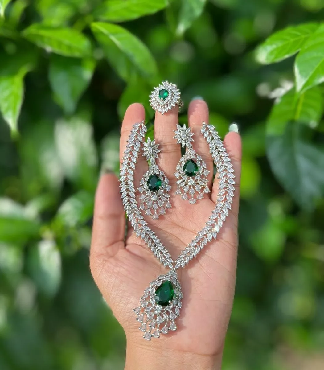 Bollywood African Style Indian Silver Plated AD CZ Necklace Ring Jewelry Set