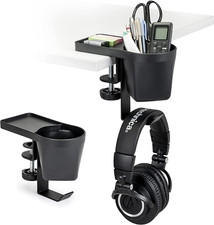 Clamp on Pen Cup Holder with Headphone Hanger, No Drill under Desk Headphone Hoo