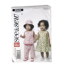 See & Sew Pattern B5629 Sundress Tiered Top Pants Hat Easy Baby Newborn-L Uncut