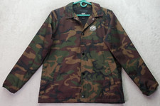 VANS Rain Jacket Boys Large Brown Green Camouflage Logo Collar Snap Button Front