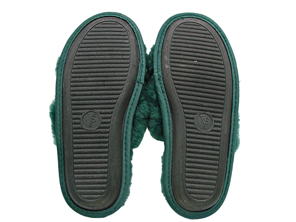 Victoria's Secret Green Slippers Womens Small Faux Fur Slides Pearl Accents Soft - Image 4 of 4