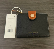 TORY BURCH COLORBLOCK BI-FOLD WALLET BLACK/BROWN ZIP COIN POCKET CARD