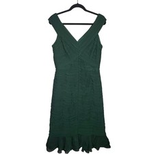 Tadashi Collection Women's Size 14 Green Silk Ruched Sheath Dress Ruffle Hem