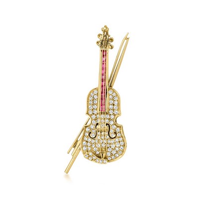Vint Diamond & Ruby Violin Pin/Pendant in 18k Gold