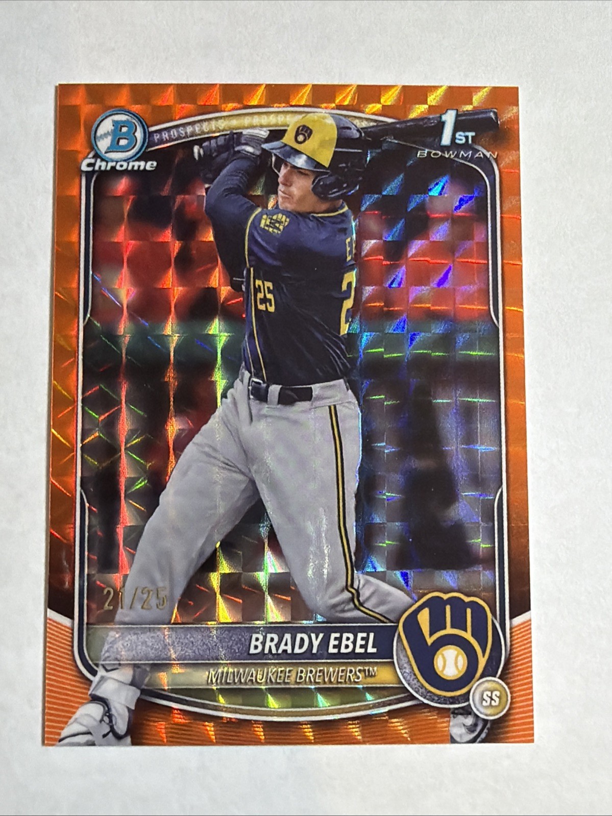 2025 1st Bowman Draft Chrome Orange Geometric Ref Brady Ebel 21/25 RC SP Brewers