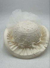 Vintage Womens Ivory Satin Veil Poof Crochet Bead Wide Brim Bridal Hat