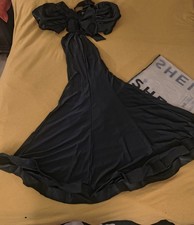 SHEIN Belle Black Satin Maxi Dress Puff Sleeve Bow Ruffle Women's Size M