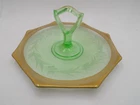 Vintage Uranium Depression Glass Serving Tray with Handle Gold Trim