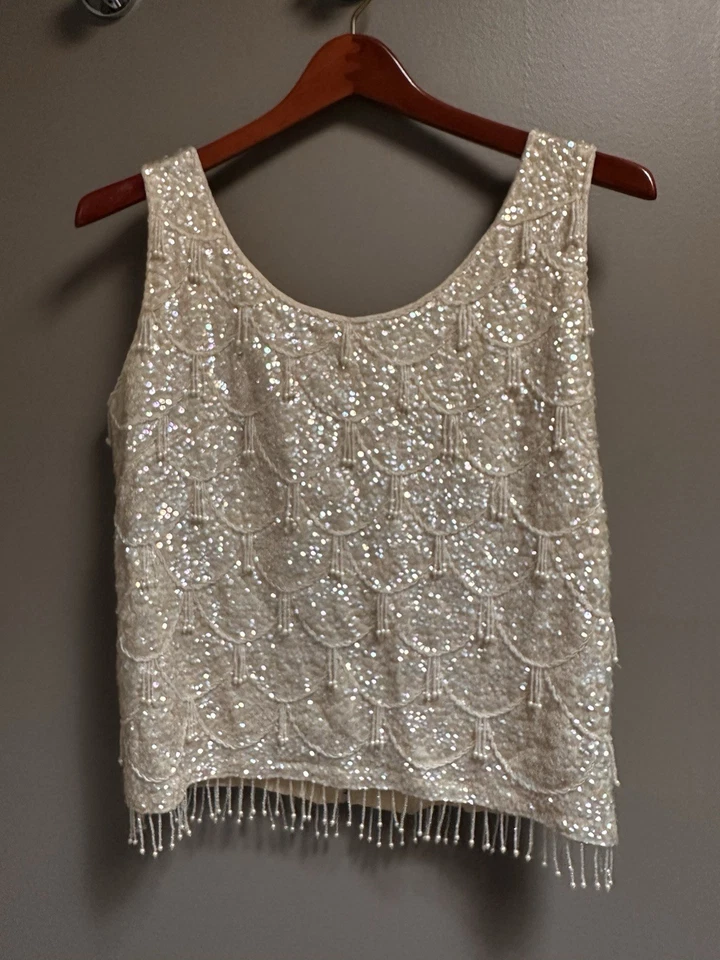 Vtg 50s 60s Handmade BEAUTIFUL Ivory wool Beaded Sequin Top sz L Party Dress Up - Image 2 of 4