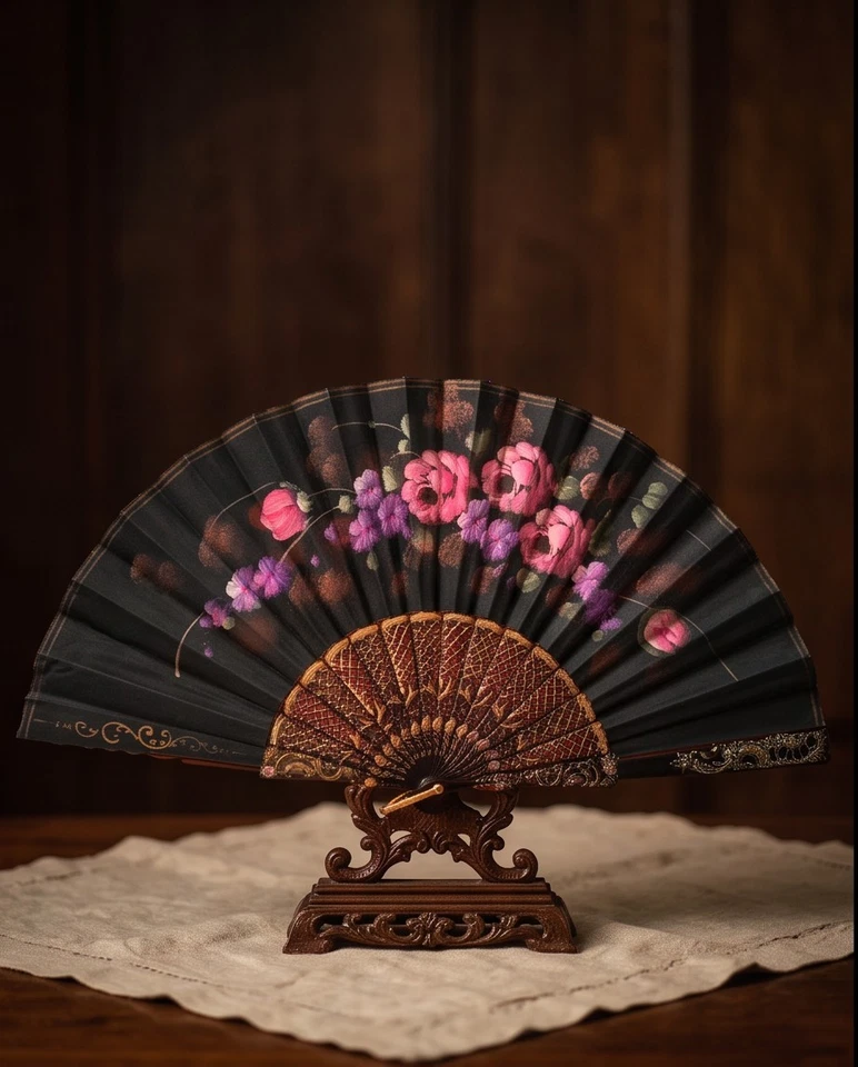 Éventail pliant noir ajouré motifs floraux rose violet doré pour costume - Photo 1/4