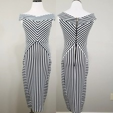 ASOS Black White Striped Bodycon Dress Size 4 Womens Off Shoulder Chevron Op Art