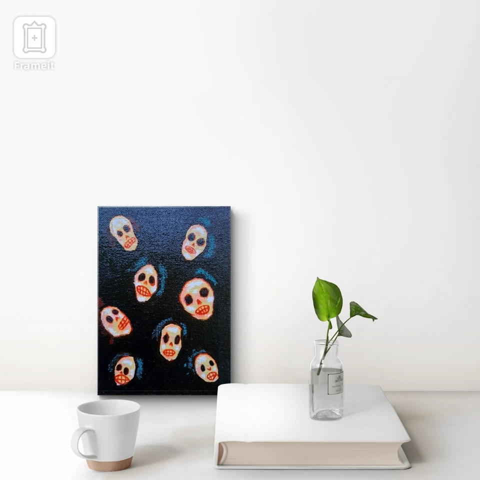 Pintura Calavera Negro Azul Mini "KEWL SKULLS" 5x7 Limitado 1/1 Firmado Foto 2 de 4