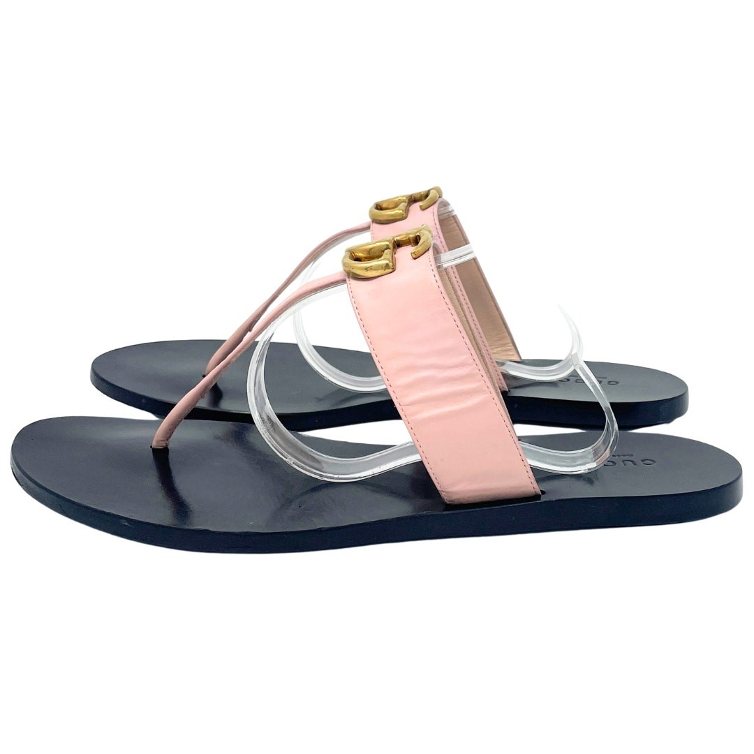 Gucci Shoes Marmont Thong Flat Sandals Pink Leather Gold GG Logo Monogram 38.5 thumbnail 3