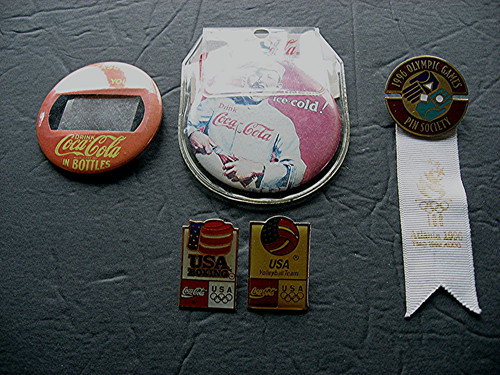 4 Atlanta 1996 Olympics Coca Cola Advertising Items and Olympic Pin Society 1996