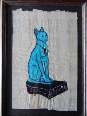 Ägyptische Göttin Bastet blaue Katze. Original Karnak Papyrus Portrait Gizeh.