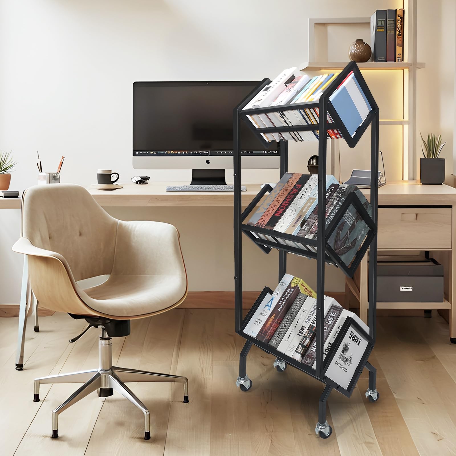 360°Rotation Wheels 3-Tier Metal Book Carts Used for Study Rooms Living