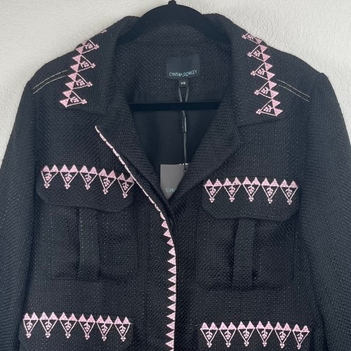 Cynthia Rowley Black Pink Tweed Embroidered Oversize Damen Utility Jacket XS NWT - Picture 7 of 15