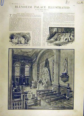 Alter antiker Druck 1887 Schloss Blenheim Skizzen Gebäude Bibliothek Garten 19.