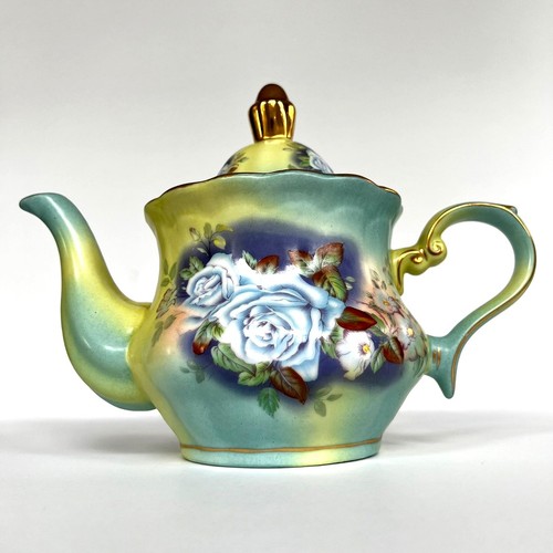 Vtg Victorian Floral Tea Pot Blue Roses Gold Tone Trim Green Pink 8.5"h - Picture 2 of 15