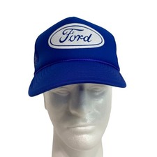 Vintage FORD Snapback Trucker Hat Blue White Cap Mesh Back Logo