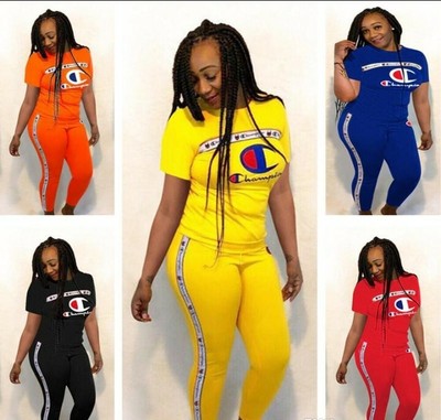 Women Champions Short Sleeve T Shirt And Pants Outfit Tracksuit