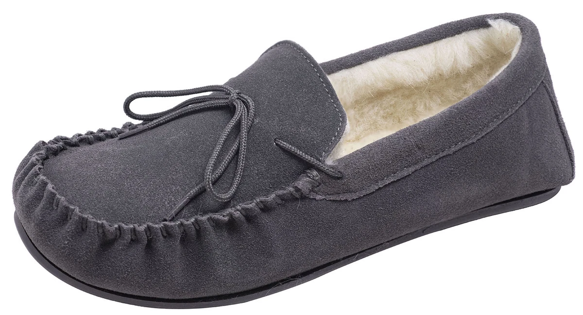 Men s Wool Lined Suede Moccasin Slippers Hard Sole Grey Mens Moccasins