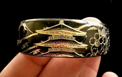 ASIATISCHES Motiv Sterlingsilber handgraviert Manschettenarmband - 7/8 Zoll breit