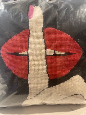 Jonathan Adler Lips Hush Needlepoint Throw Pillow 18x18 Square MCM Mod