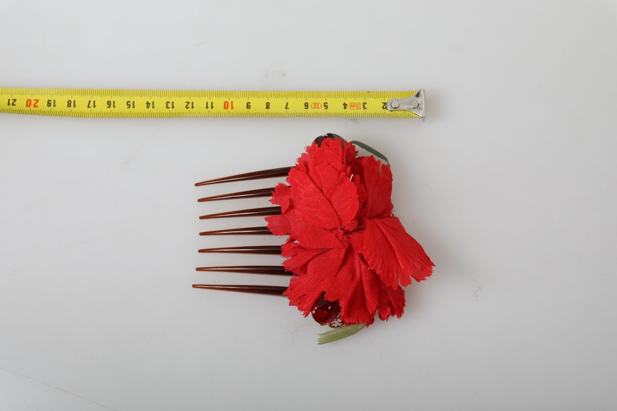 DOLCE & GABBANA Hair Comb Red Silk Floral Gold Brass Women 