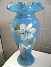 FENTON - CA HALL (HP) INDIGO BLUE OVERLAY FLORAL VASE - STUNNING!!