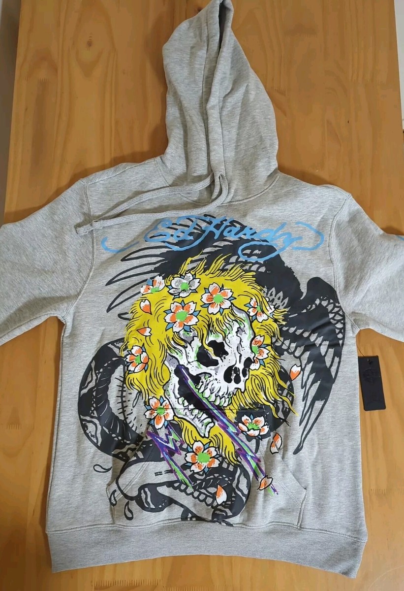 Ed Hardy XL パーカー フラワー スカル Ed Hardy Hoodie Medium Retro Blonde Skull Flowers Streetwear