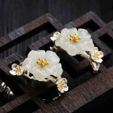 A Pair Natural Jade Flower Earrings Women Vintage Silver Jewelry Gifts Ear Studs