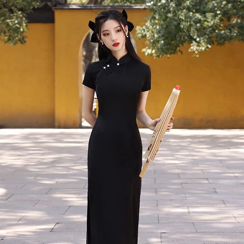 Mujeres Negro Largo Qipao Vestido Mejorado Cheongsam Elegante Chino Tradicional Club - Imagen 2 de 11
